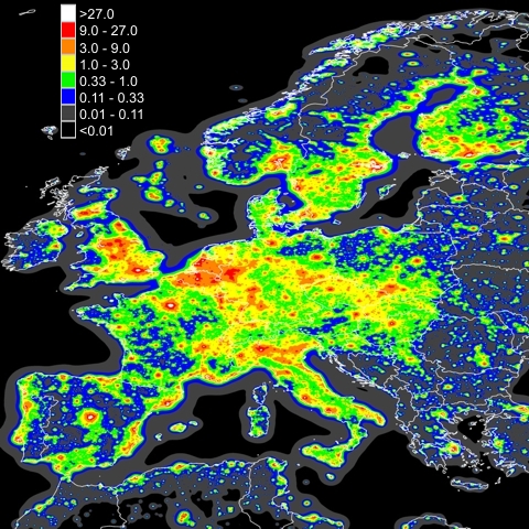 mapa sztucznej jasnoci nieba - Europa