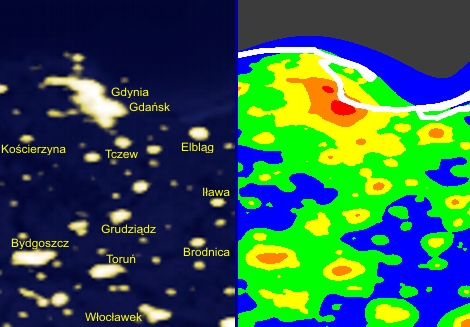 mapa jasności sztucznej i zdjęcie satelitarne - porównanie