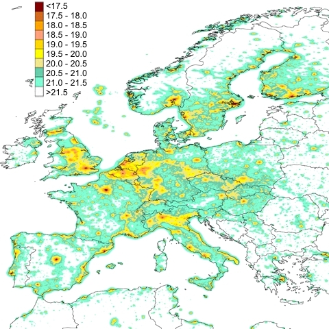 mapa cakowitej jasnoci nieba - Europa