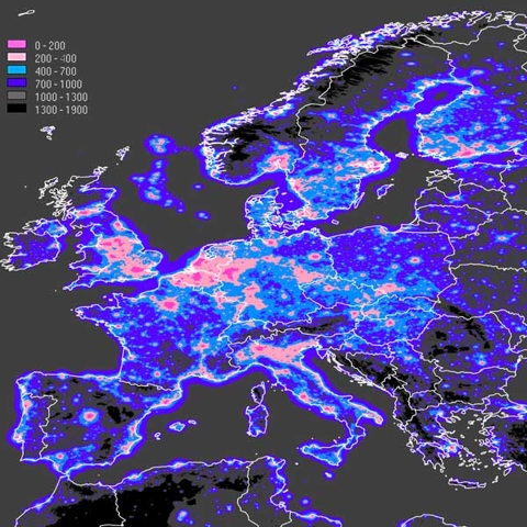 mapa ilości gwiazd widocznych okiem nieuzbrojonym (Europa)